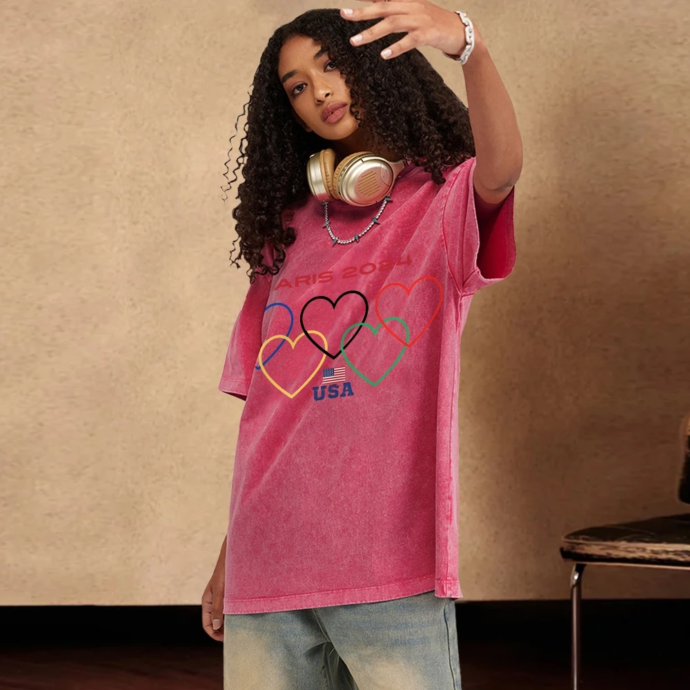 

Five Colorful Hearts Print Women's T-Shirts Loose Wash Oversized Short Sleeve 2024 New Trendy Brand Street Hip Hop Tops