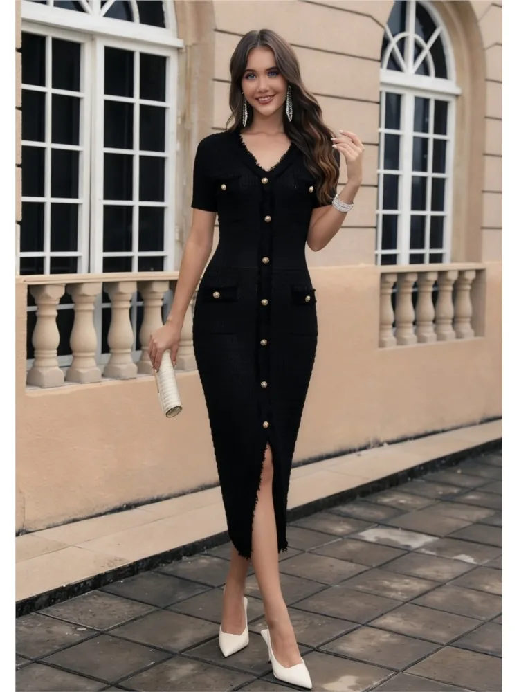 

Fashionable And Elegant Hip Wrap Dress 2026 Spring And Autumn New Women's Fashion Pearl Single Breasted Slim Fit Women Vestidos