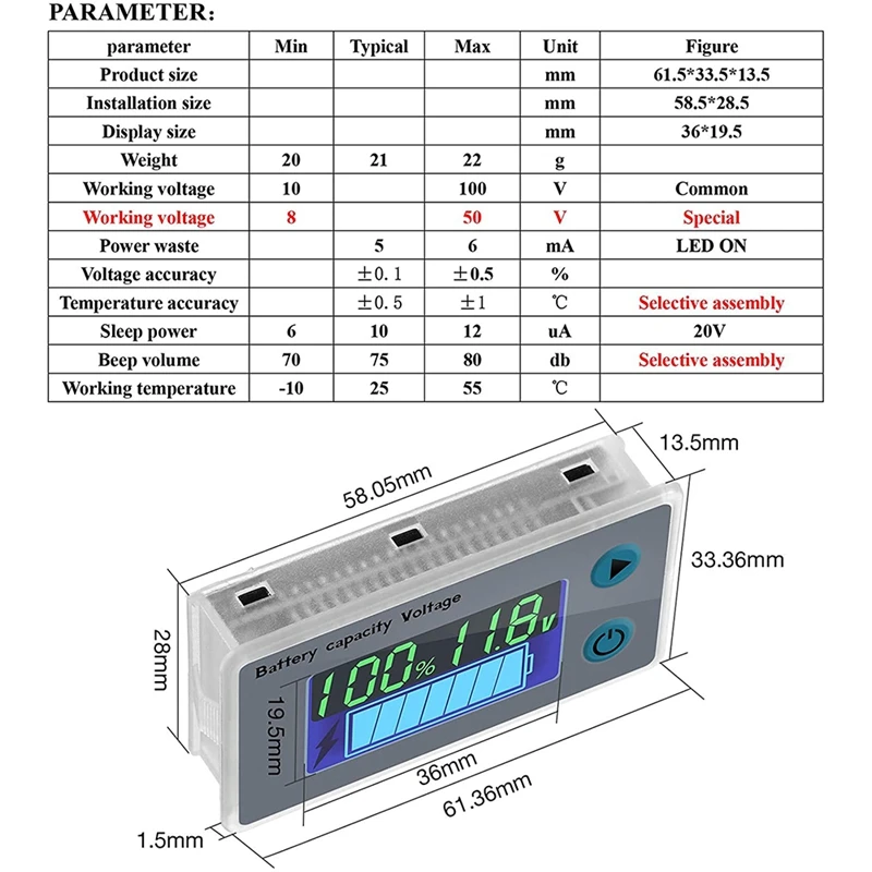 Battery Meter Monitor With Low Voltage Buzzer Alarm 10-100V Digital Battery Capacity Tester Battery Meter