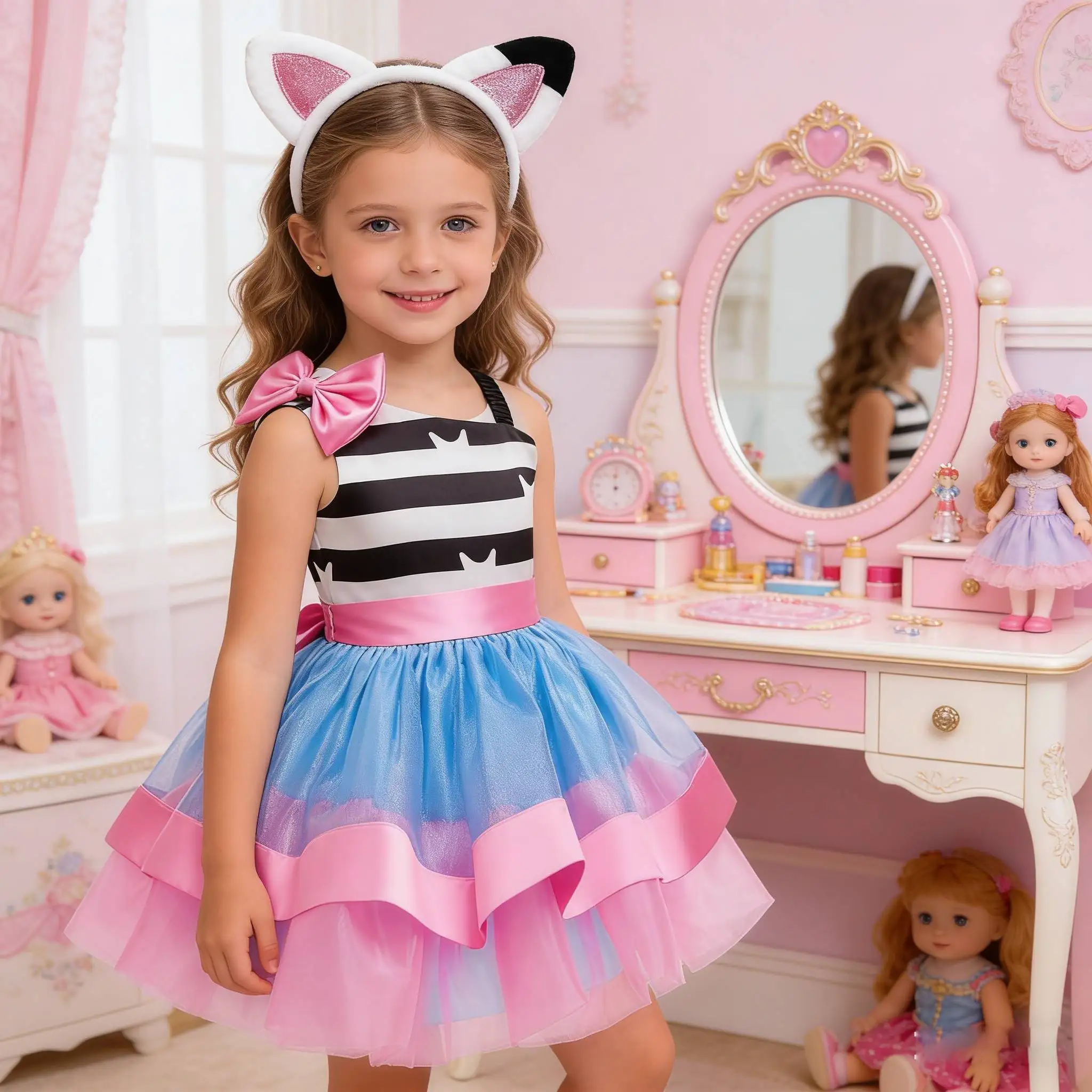 

Платье Gabby Dollhouse 2026 для девочек, радужное сетчатое платье-пачка, тюлевое платье принцессы с мультяшным котом, с повязками на голову, комплект из 2 предметов, на день рождения ребенка