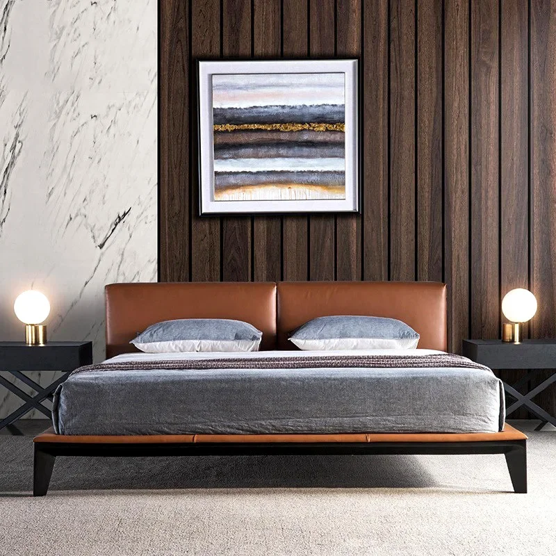 Minimal leather soft bed 1.8 meters Napa leather cowhide bed Italian light luxury master bedroom