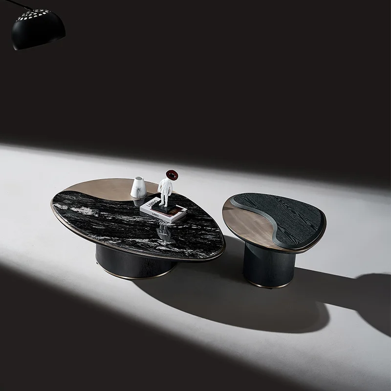 

#Luxury Wabi-Sabi Coffee Table - Cosmic Black Marble Top with Stainless Steel Frame & Walnut Wood Veneer Finish