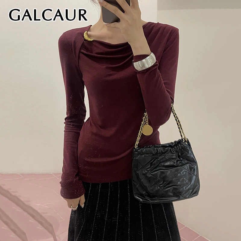 

GALCAUR Casual T Shirt Women O Neck Long Sleeve Slimming Patchwork Metal Button Pleated T Shirts Female Autumn Fashion New Style