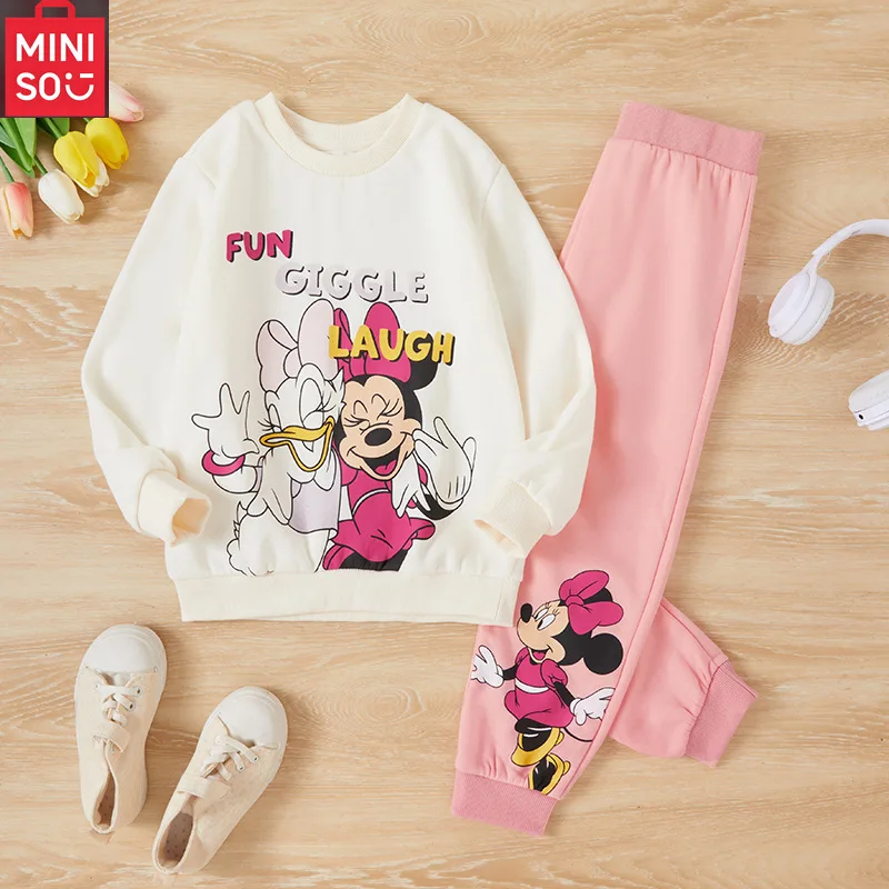 

Новинка 2023 года, детская одежда, весенне-осенний свитер с капюшоном и длинными рукавами с Минни Маус для маленьких девочек + штаны, костюм из 2 предметов, детская повседневная одежда
