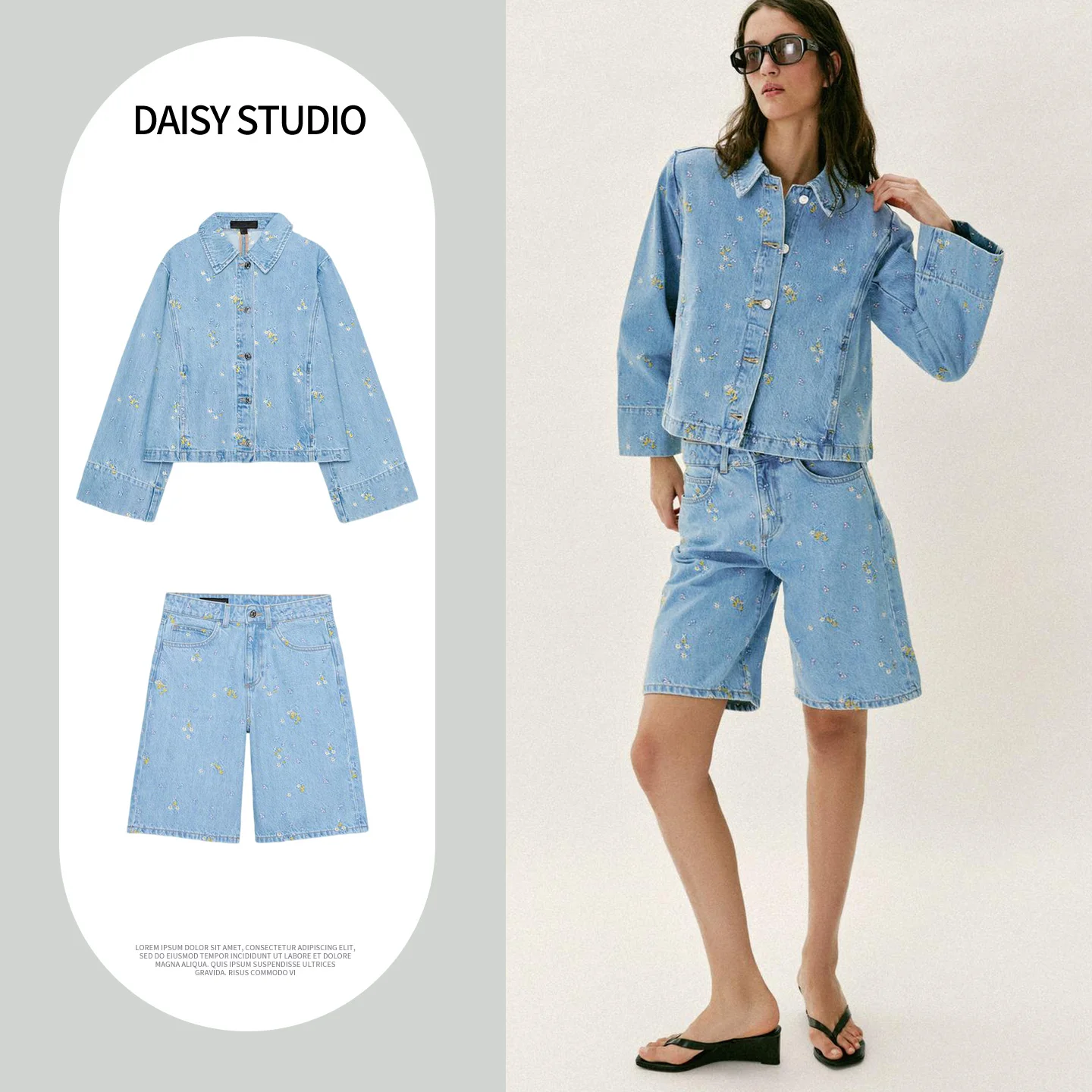 Casual Embroidered Long Sleeve Denim Jacket with Stand Collar And High Waist Short Pants Women's Spring Fashion Set