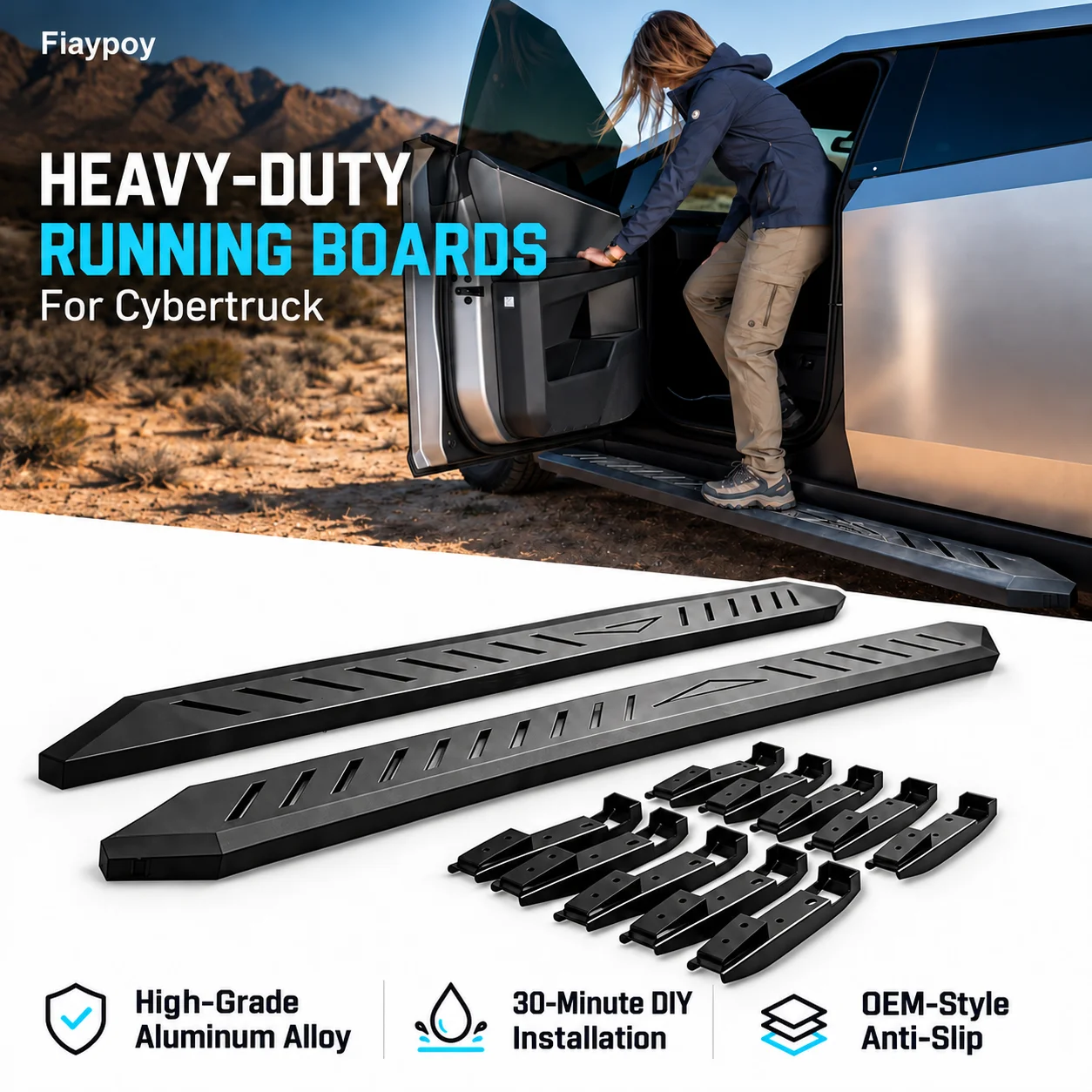 2026 Premium Aluminum Running Boards for Cybertruck Heavy Duty Side Steps Anti Slip No Drill DIY Install Exterior Upgrades