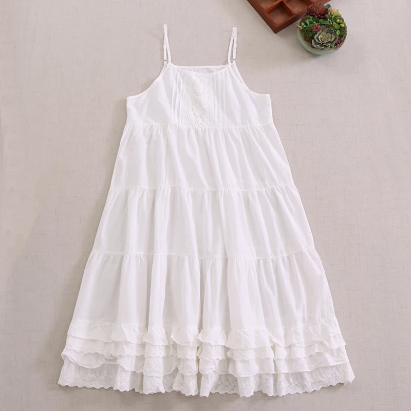 Japanese Sweet Mori Girl Spaghetti Strap Slip Cotton Dress Women Summer Sleeveless Casual Loose  Multi Layer Lace Cake Skirt