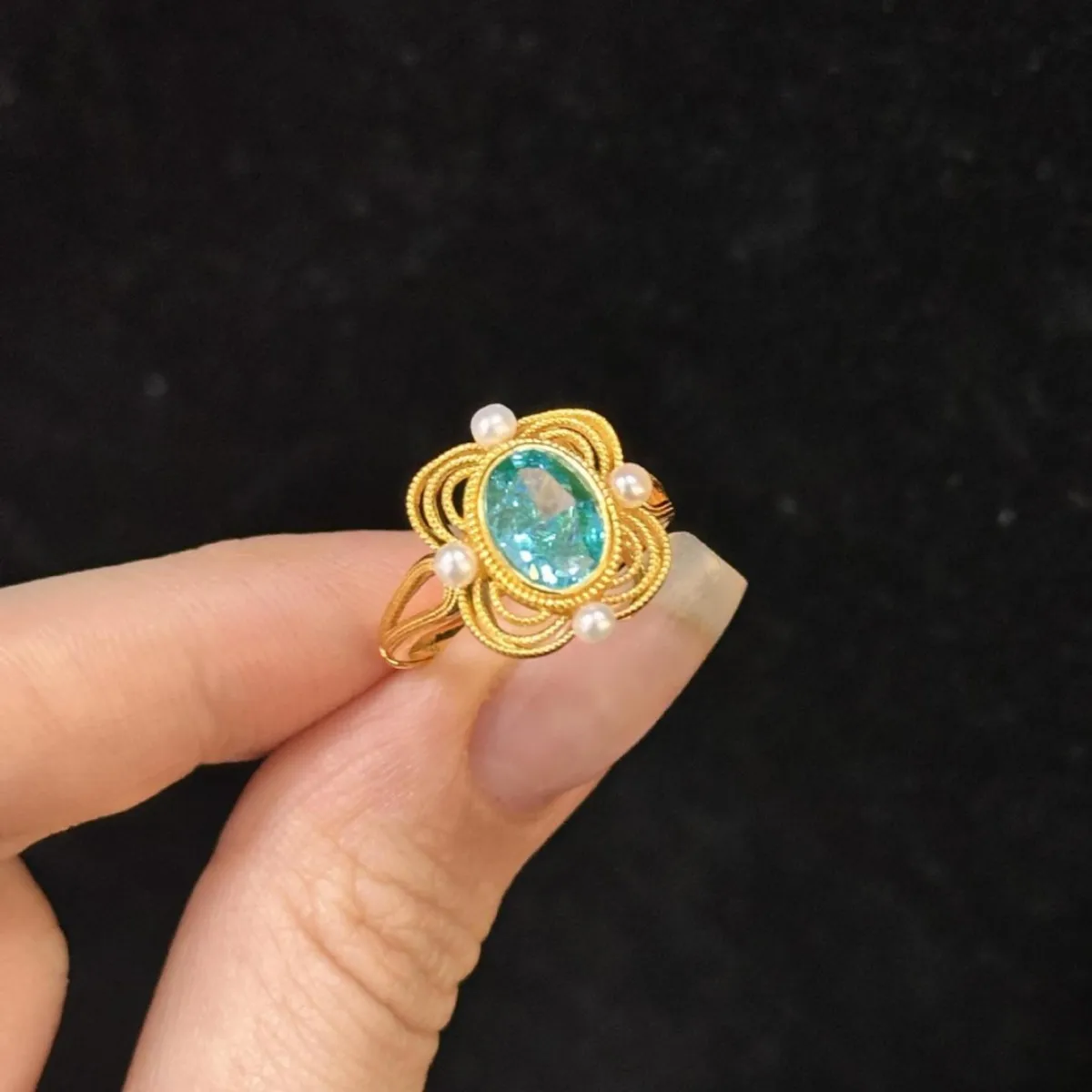 Original design Blue green gemstone rings for women high-end exquisite inlay pearl ring adjustable wedding jewelry gifts