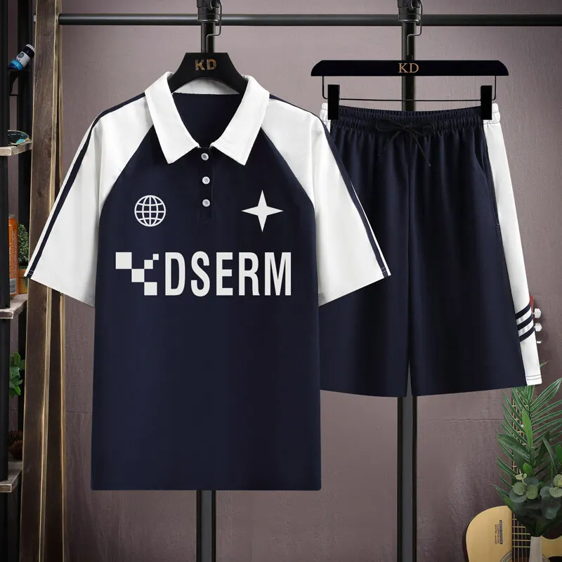 Summer New Fashion Trend Sports Fitness Short-Sleeved Polo Shirt Set Men's Loose Comfortable Breathable Large Size Two-Piece Set