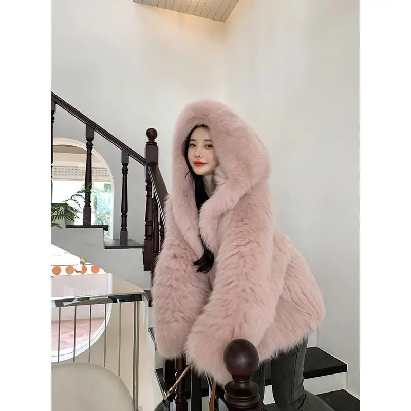 Fashion Wool Coat Women Autumn and Winter New Hooded Jacket Women Imitation Fur Velvet Coat Women Mid Length Winter Coat Trench