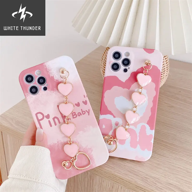 Fashion Sweet Pink Heart Bracelet Skin Friendly Silicone Soft Anti-drop For iphone 11 12 13 Pro XR Xs Max SE 7 8 Plus Phone Case