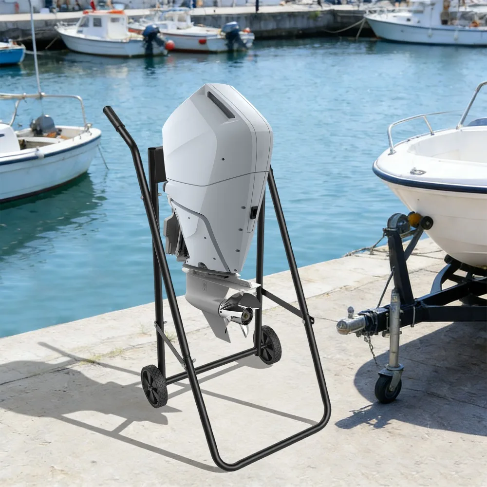 Foldable Outboard Boat Motor Stand, Outboard Machine Trailer, Strong Steel Frame, Anti-Rust Coating, Two Rubber Wheels, Portable Motor Dolly, Smooth Surface