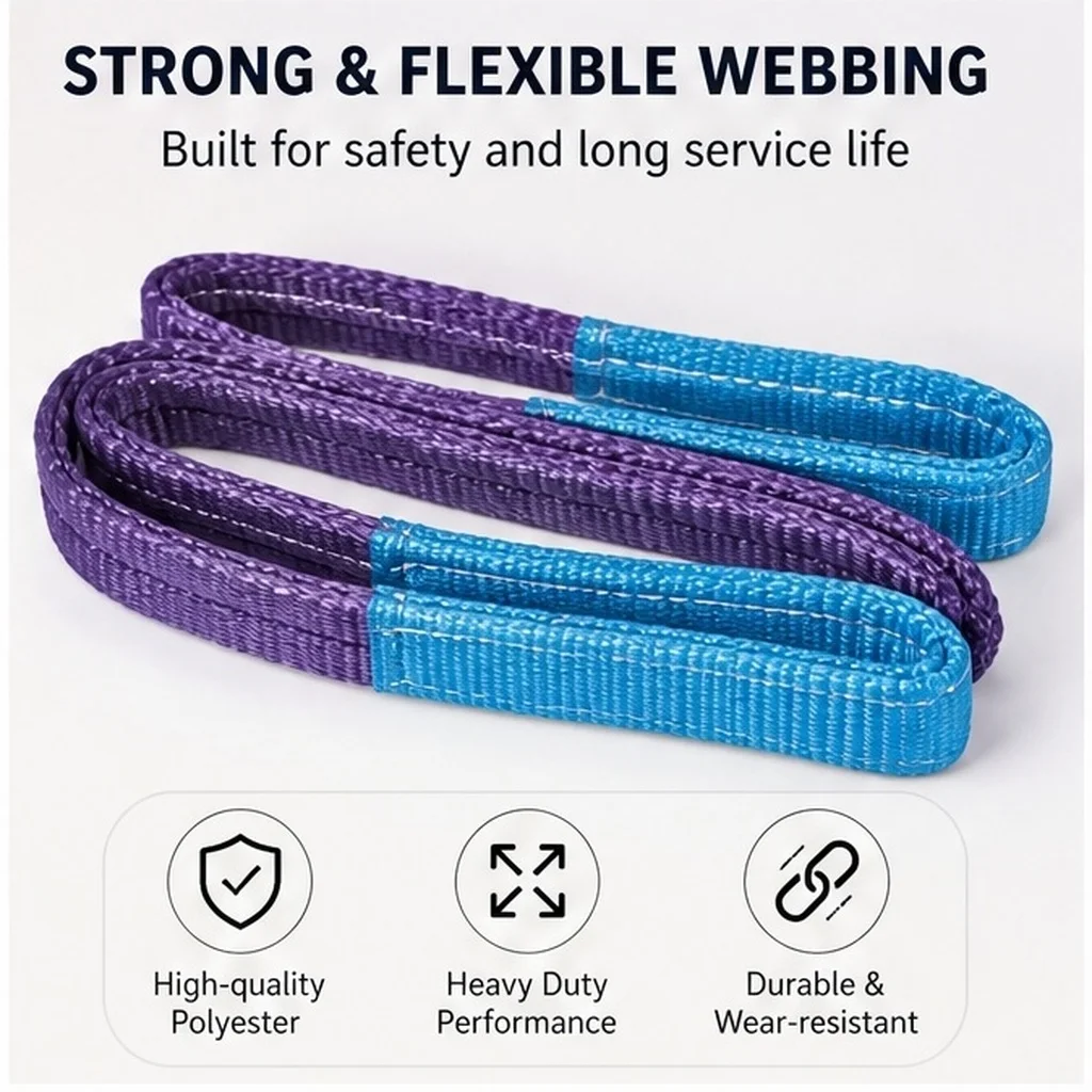 Winch Strap Flat Lift Sling for Heavy Duty Lifting Crane Cargo Secure Double Buckle Belt Durable Loading Fastening Band