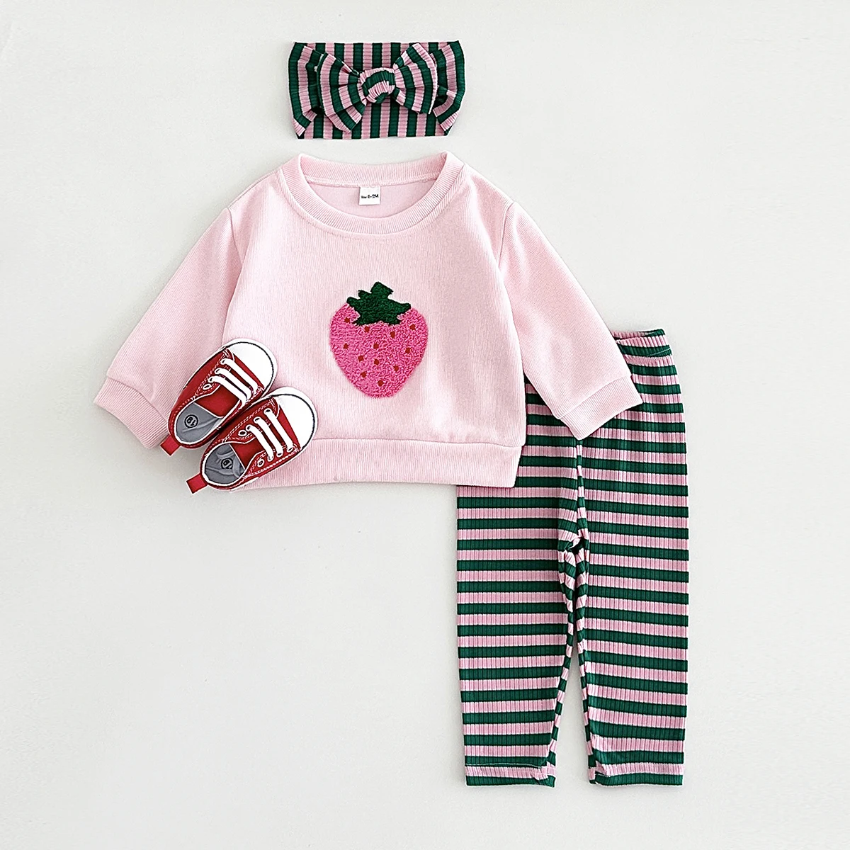 0-3Y Newborn Baby Clothes Autumn Cute Strawberry Embroidery Pullover Shirt Top+Cotton Striped Leggings Spring Girls Baby Sets