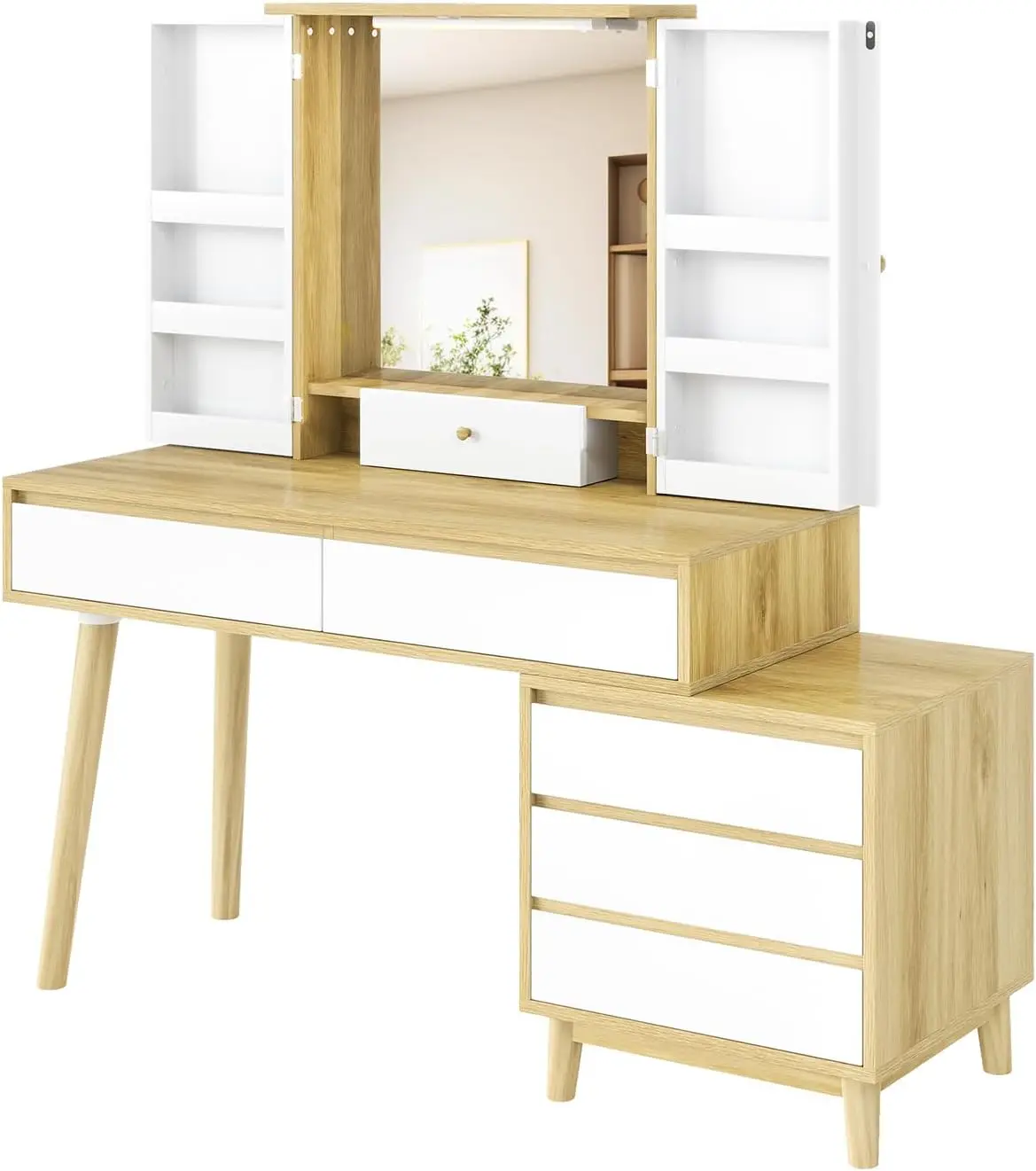 

Vanity Desk with Mirror and Lights Vanity Makeup Desk with 6 Storage Drawers Open Shelves 3-Color Lights Adjustable Brightness