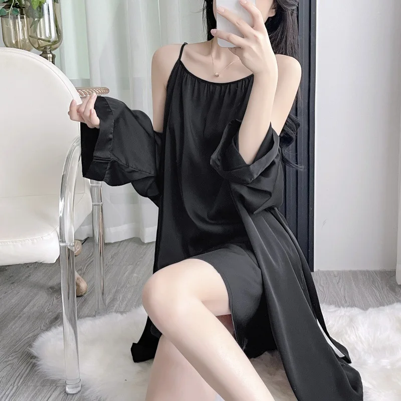 Sexy Female Nighty&Robe Set Lingerie Jacquard Ice Silk Sleepwear Home Dress Elegant Loose Nightwear Nightgown Pajama
