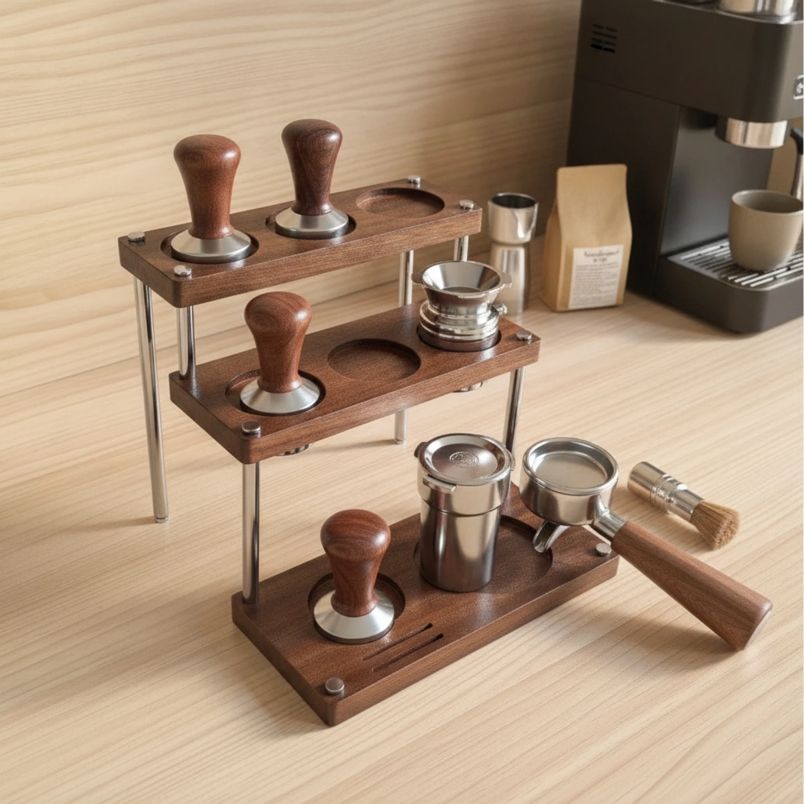 Coffee Tamper Stand Walnut-Toned Tamping Station with Tamper Holder Espresso Tool Organizer Solid Wood for Baristas