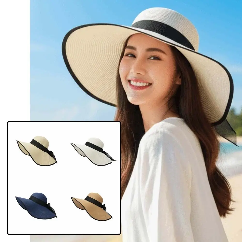 

Breathable Vacation Beach Cap with Lace Ribbon Lightweight Big Brimmed Straw Hat Solid Color Sunshade Topi Woven Sun Cap