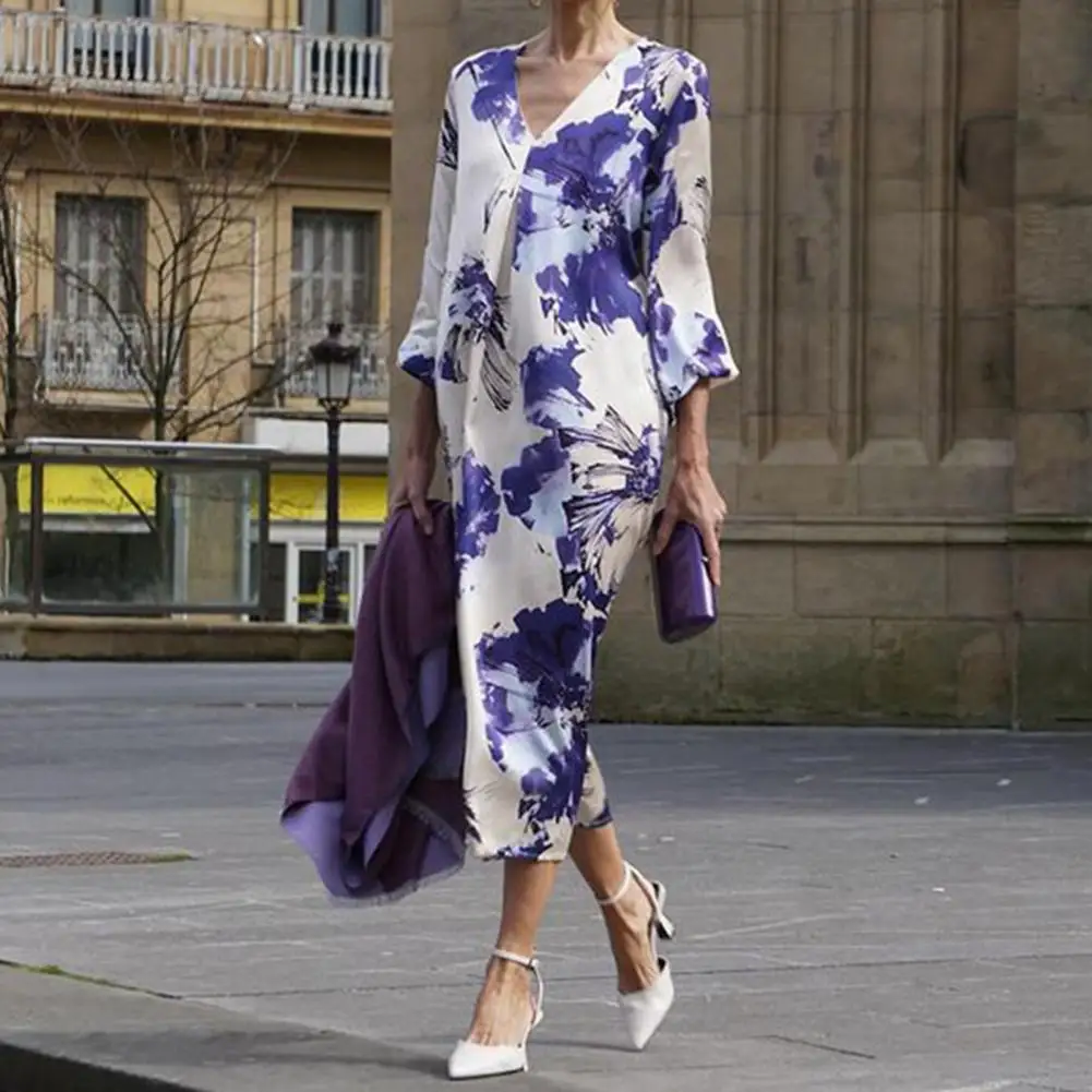 Women V-neck Printed Dress Stylish V Neck Midi Dress for Women Long Sleeve Loose Pullover with Contrast Color for Parties