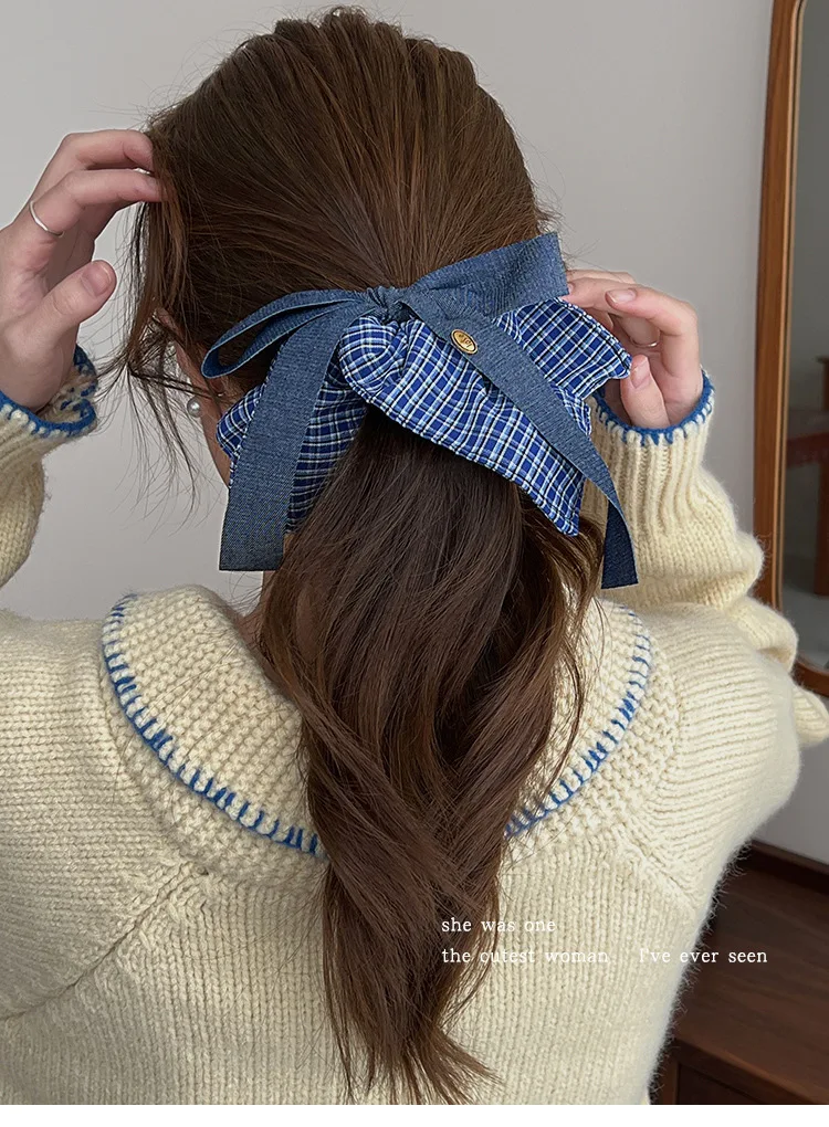 Bow Denim Blue Plaid Square Towel Large Intestine Hair Band Femininity Square Hair Accessories Headrope Rubber Band