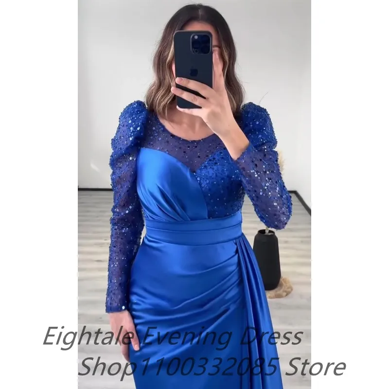 Customized Royal Blue Long Sleeve Sequin Mermaid Evening Dress For Wedding Party Sexy Slit Formal Prom Dress Dubai Party Gown