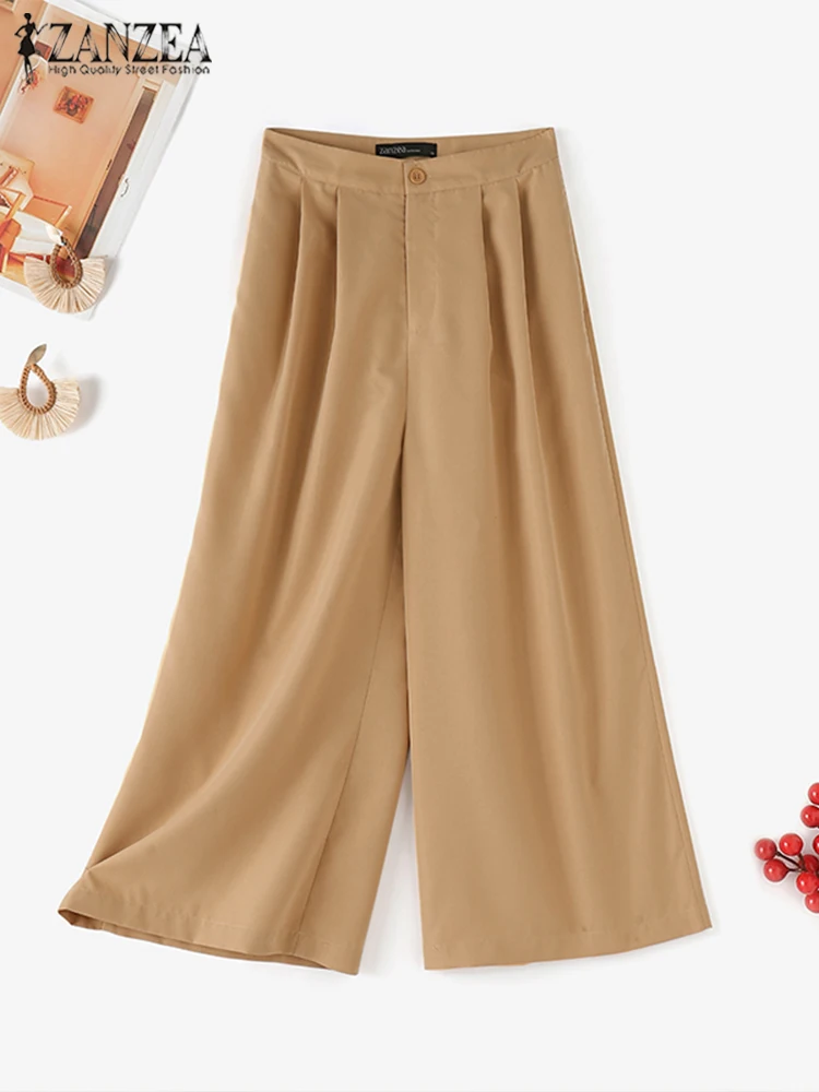 ZANZEA Women Office Wide Leg Suit Pants Korean Fashion High Waist Long Trousers 2024 Summer Vintage Casual Loose Pocket Pantalon