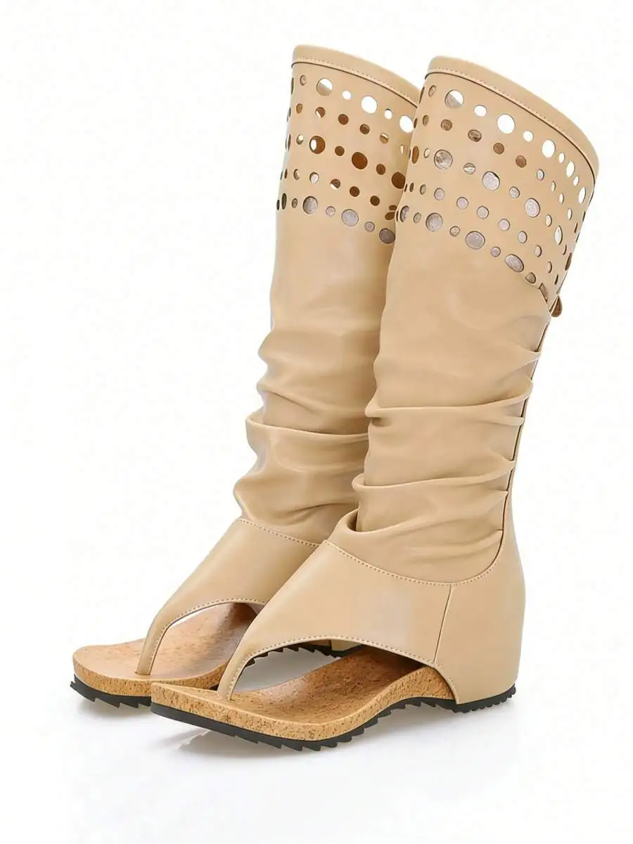 

Womens Beige Knee High Open Toe Sandal Boots With Hollow Cut Out Design