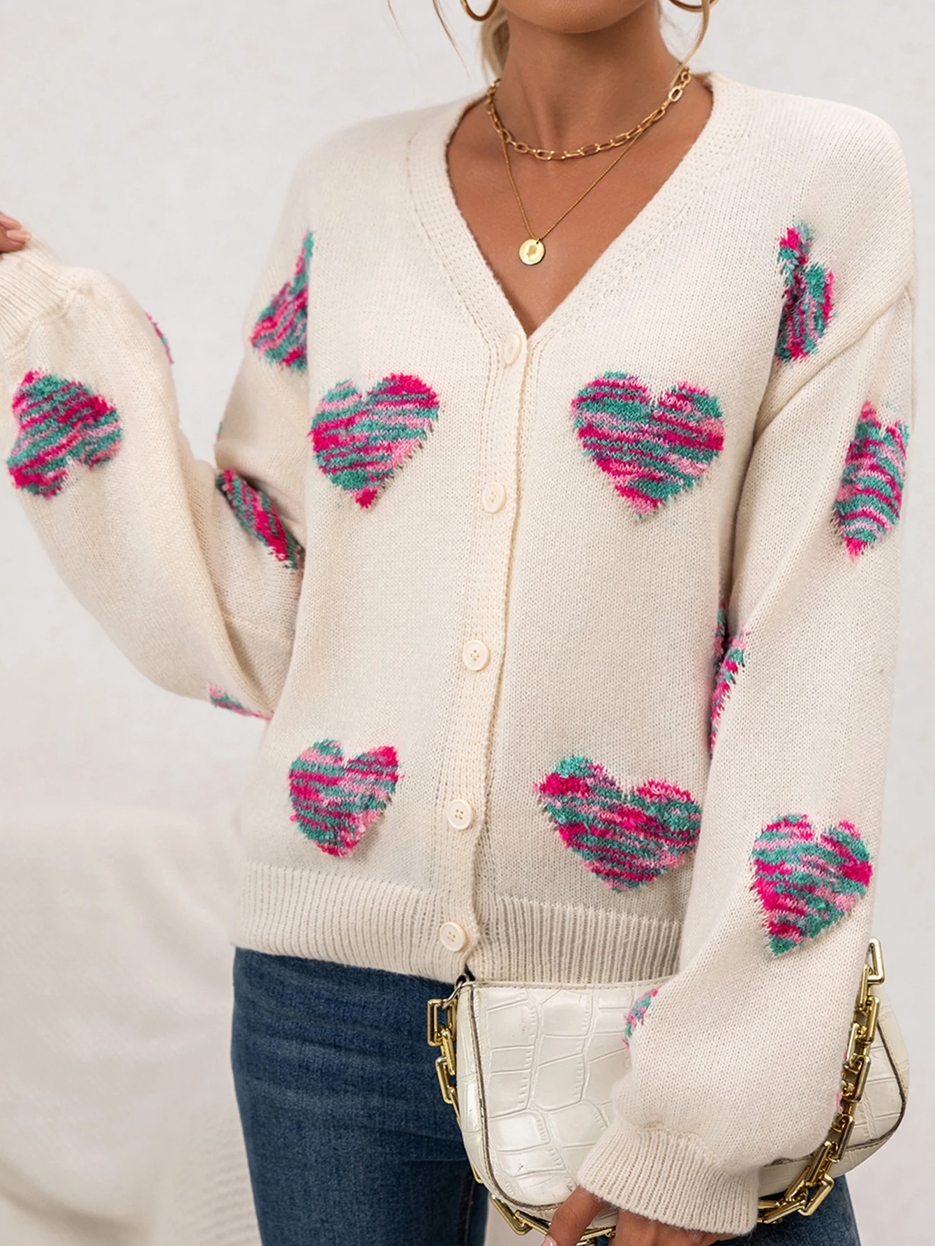 

Women's Sweet Heart Long Sleeve Cardigan Autumn Button Front Regular Fit Casual Knitwear for Dating