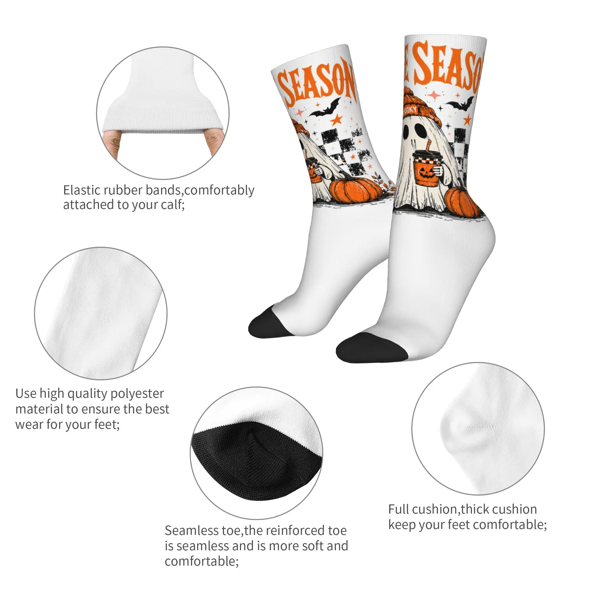 Casual Cute Ghost Coffee Autumn Fall Halloween Soccer Socks  Polyester Long Socks for Unisex Breathable