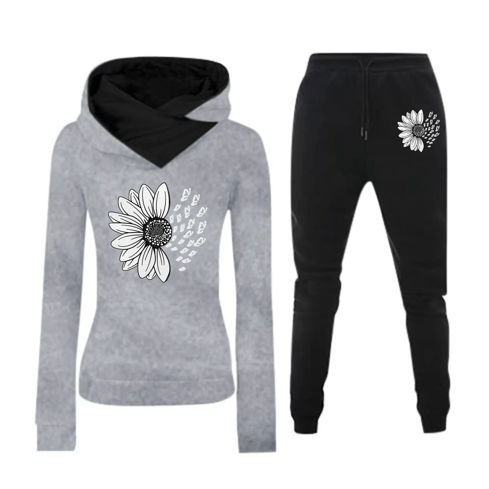 Women's Sunflower Print Fleece Lined Hoodie & Sweatpants Set Activewear For Style & Warmth Bridal Romper Ski Pants Bibs