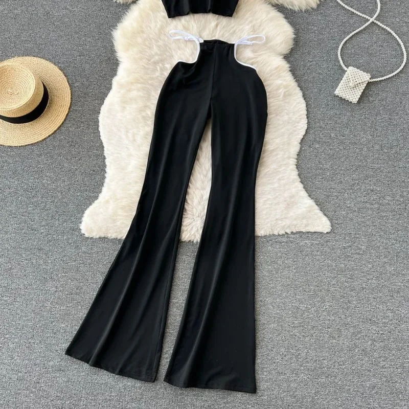 

Summer High Waist Casual Flared Pants Wide Crop Leg Tanks Sexy Black Camis Tops Tees 2 Piece Sets Womens Outfits Suit Y2k