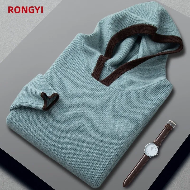 RONGYI 100% Pure Goat Cashmere Men\'s Sweater Pullover Autumn And Winter Thickened Keep Warm Casual Hooded Knitted Loose Top