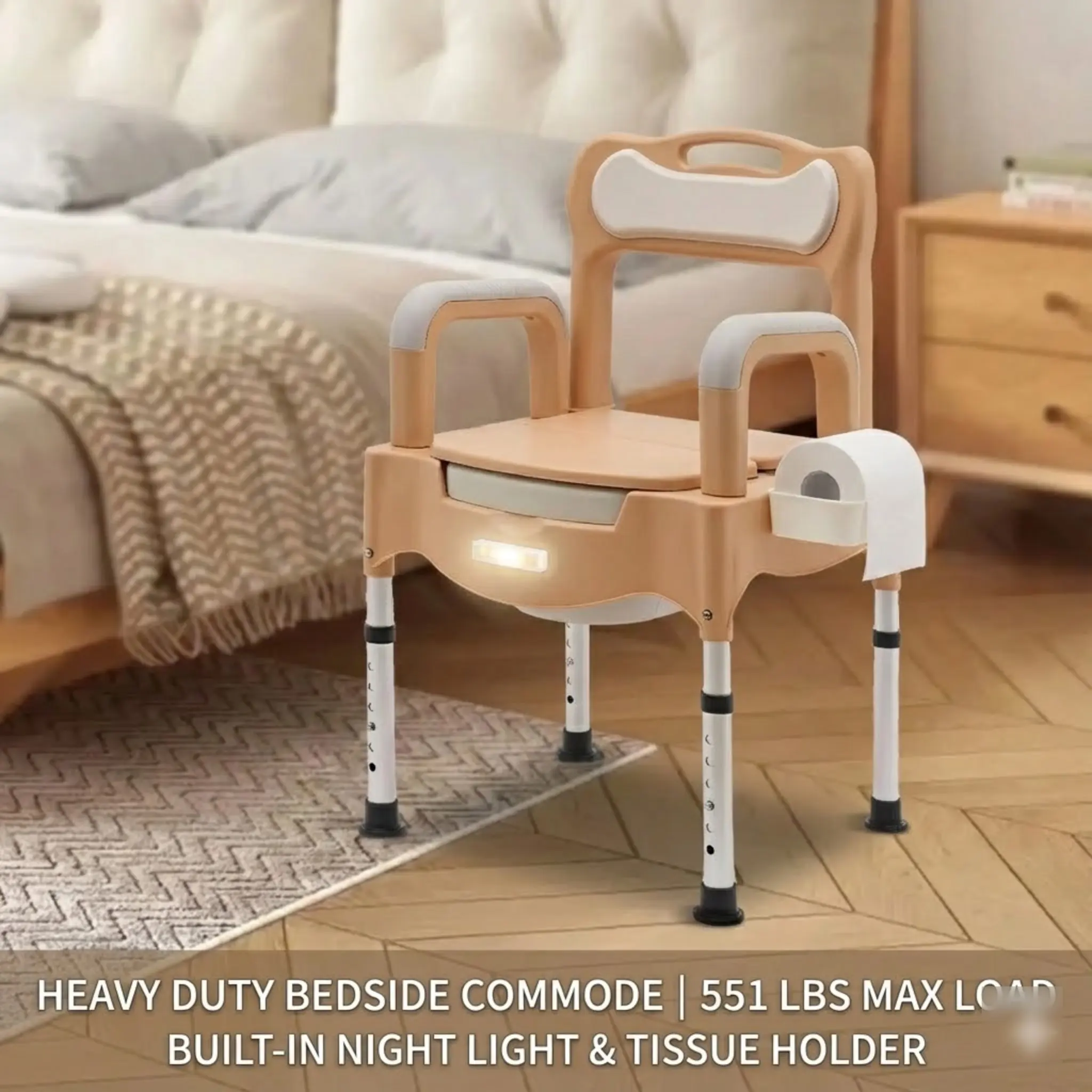 كرسي edside Commode لكبار السن عالي التحمل قابل للتعديل مع ضوء ليلي