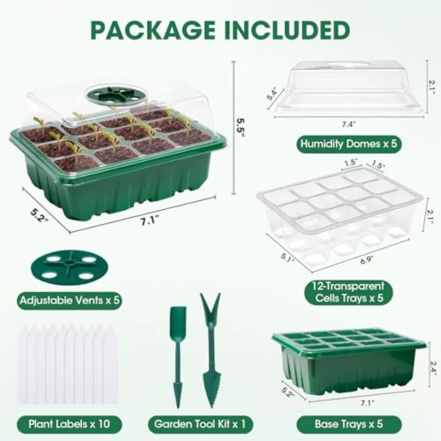 5 Packs Seed Starter Tray with Humidity Dome, Seed Starter Kit with Transparent Drain Hole Base Indoor Greenhouse Mini Propagat