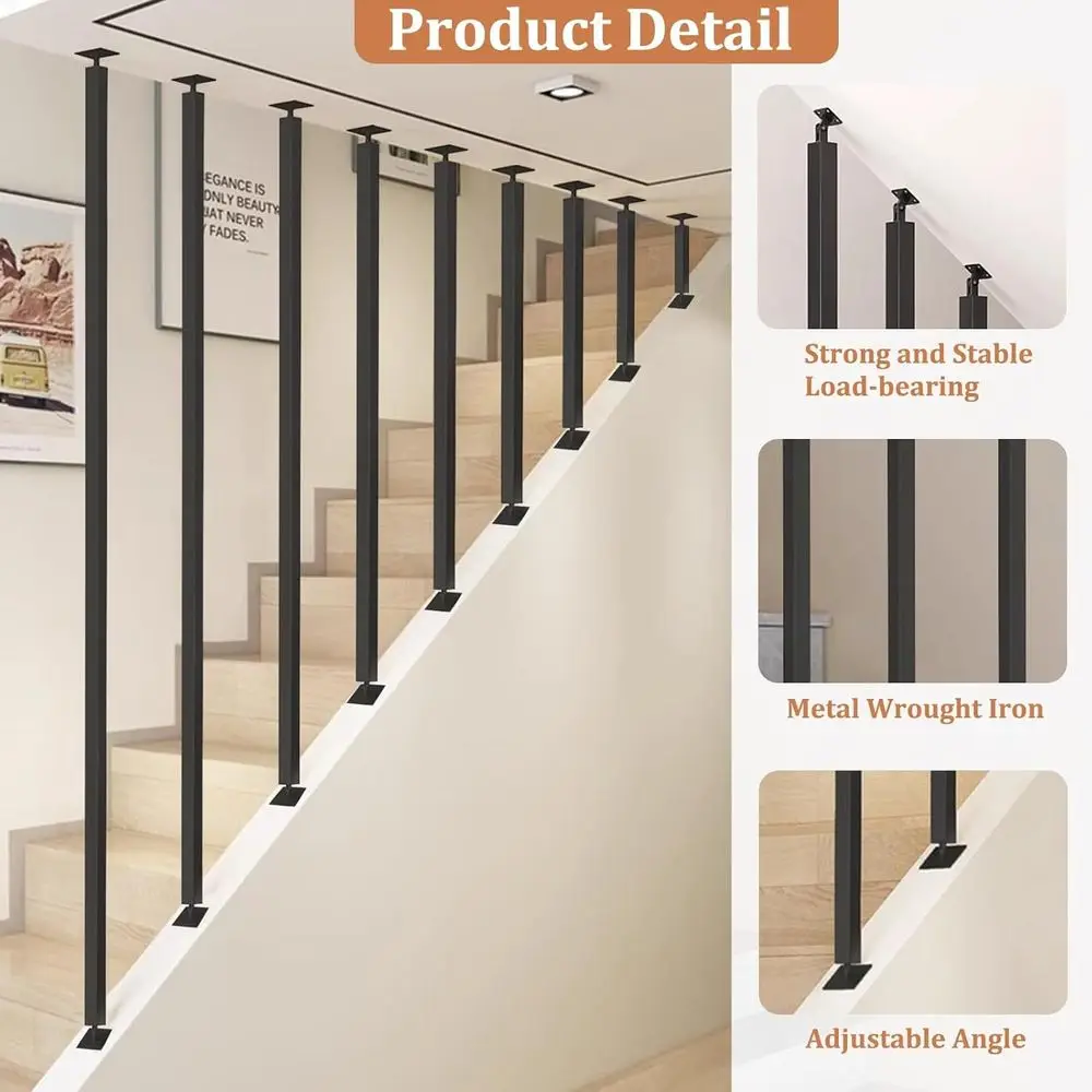 Mounted Stair Railing Wrought Iron Baluster Post, Indoor Outdoor Staircase Handrail Banister Rail Support Kit, Non-Slip Safety G