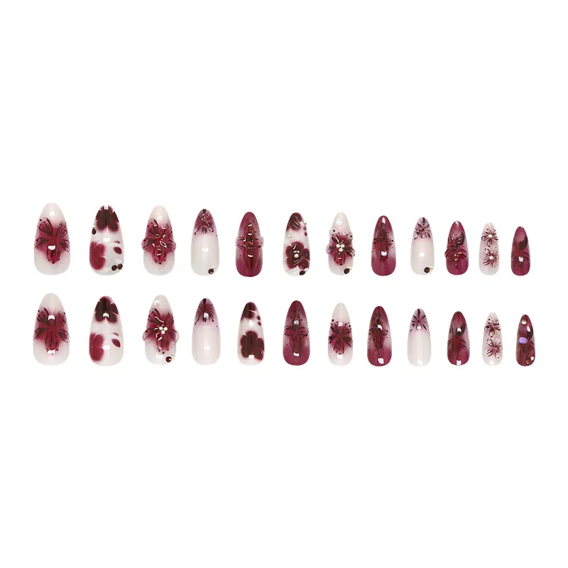 24 pièces fleur impression presse sur ongles vin rouge Blush amande faux ongles conseils portable réutilisable été épicé fille faux ongles