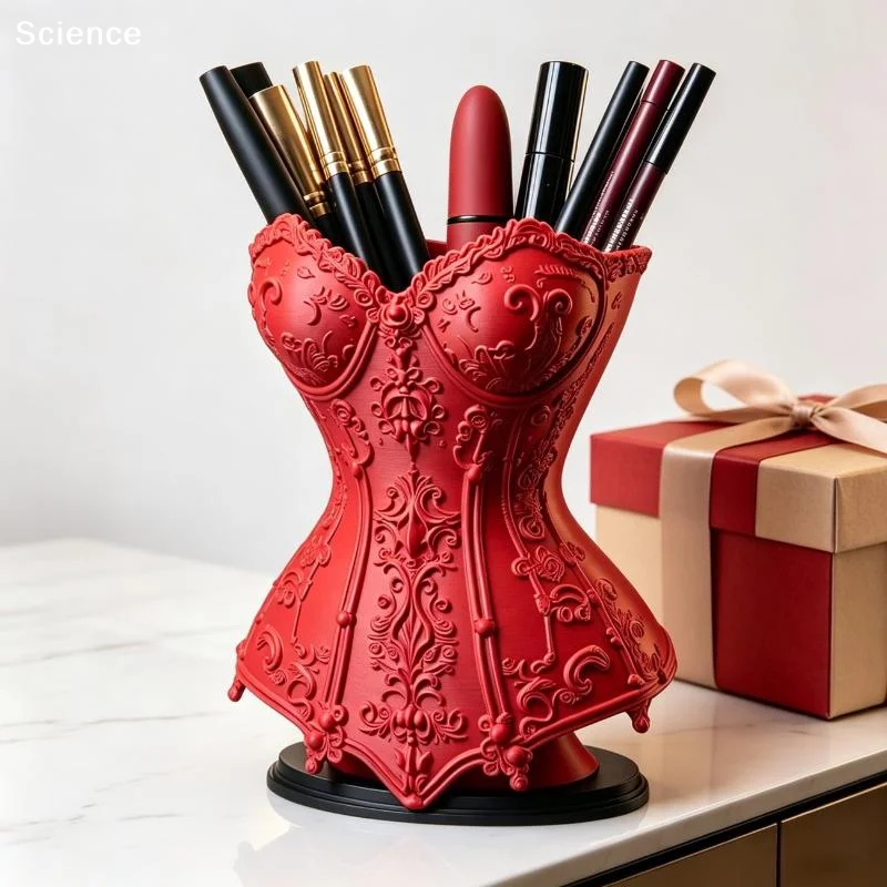 3D Printed Corset Makeup Brush Holder Vintage Lace Pattern Cosmetic Storage Cup Vanity Table Decor Ladies Dresser Organizer