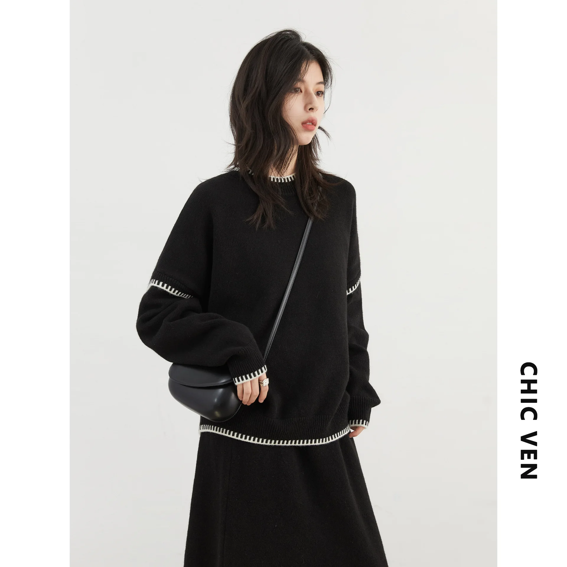

New Sweater Knit Jacket Bustier Skirt Suit Women's Lazy Sense Round Neck Fashion Cute Ms. Clothing