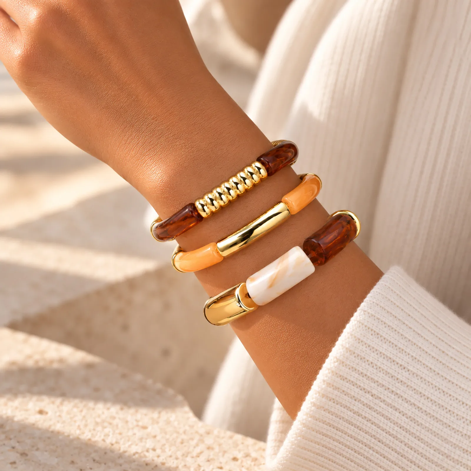 Maillard Brown Resin Tube Stretch Bracelet for Women Chunky Elastic Bangle Mixed Tone Boho Statement Y2K Fashion Jewelry Gift