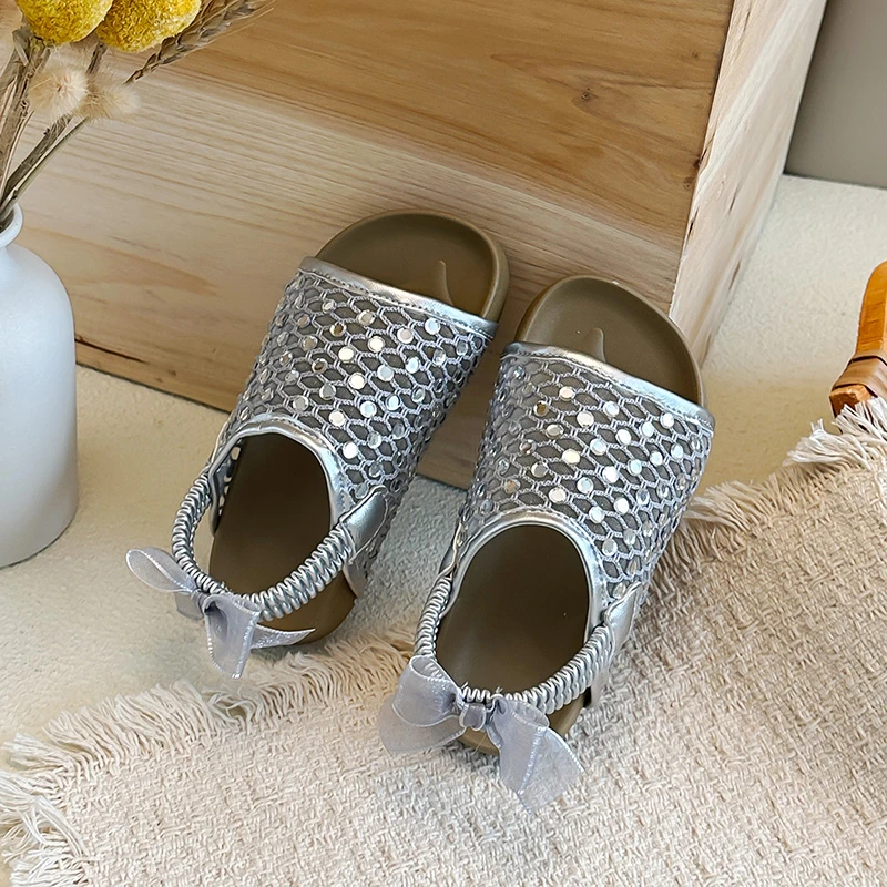 Girls Hollow Mesh Sequin Slide Sandals, Organza Bow Elastic Back StrapSlippers, Soft Cushioned Summer Princess Beach Sandals
