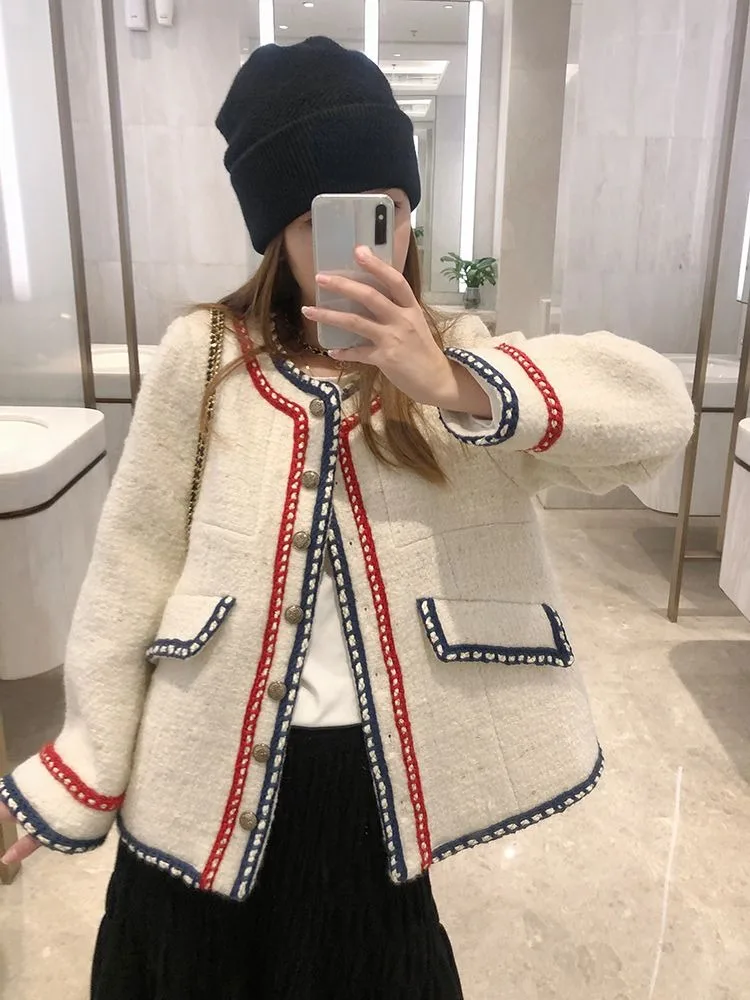 Autumn Fashion Patchwork Women Tweed Jacket 2024 Ropa Mujer Temperament Loose Tops O-neck Long Sleeve Chic Coat Korean Clothes