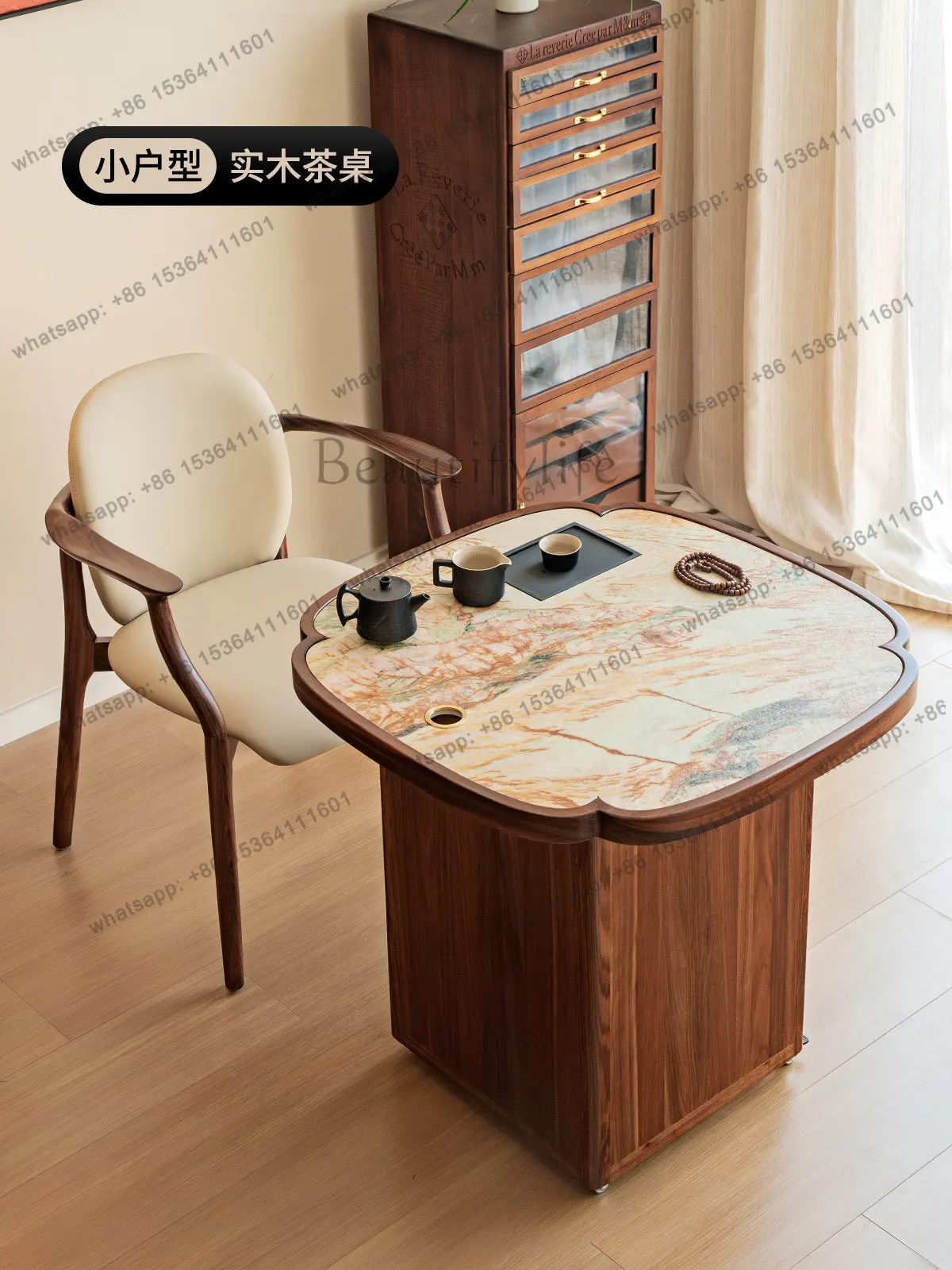 

Movable wheeled tea table Light luxury ebony wood balcony study Small household tea table