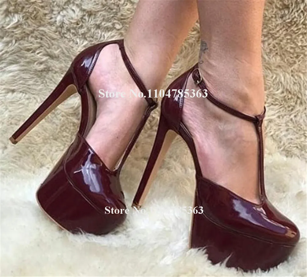 

Элегантные туфли-лодочки из лакированной кожи с Т-образными ремешками на шпильке Сексуальный круглый носок Винно-красный Черный Красный Высокая платформа Тонкий каблук Супер высокие каблуки