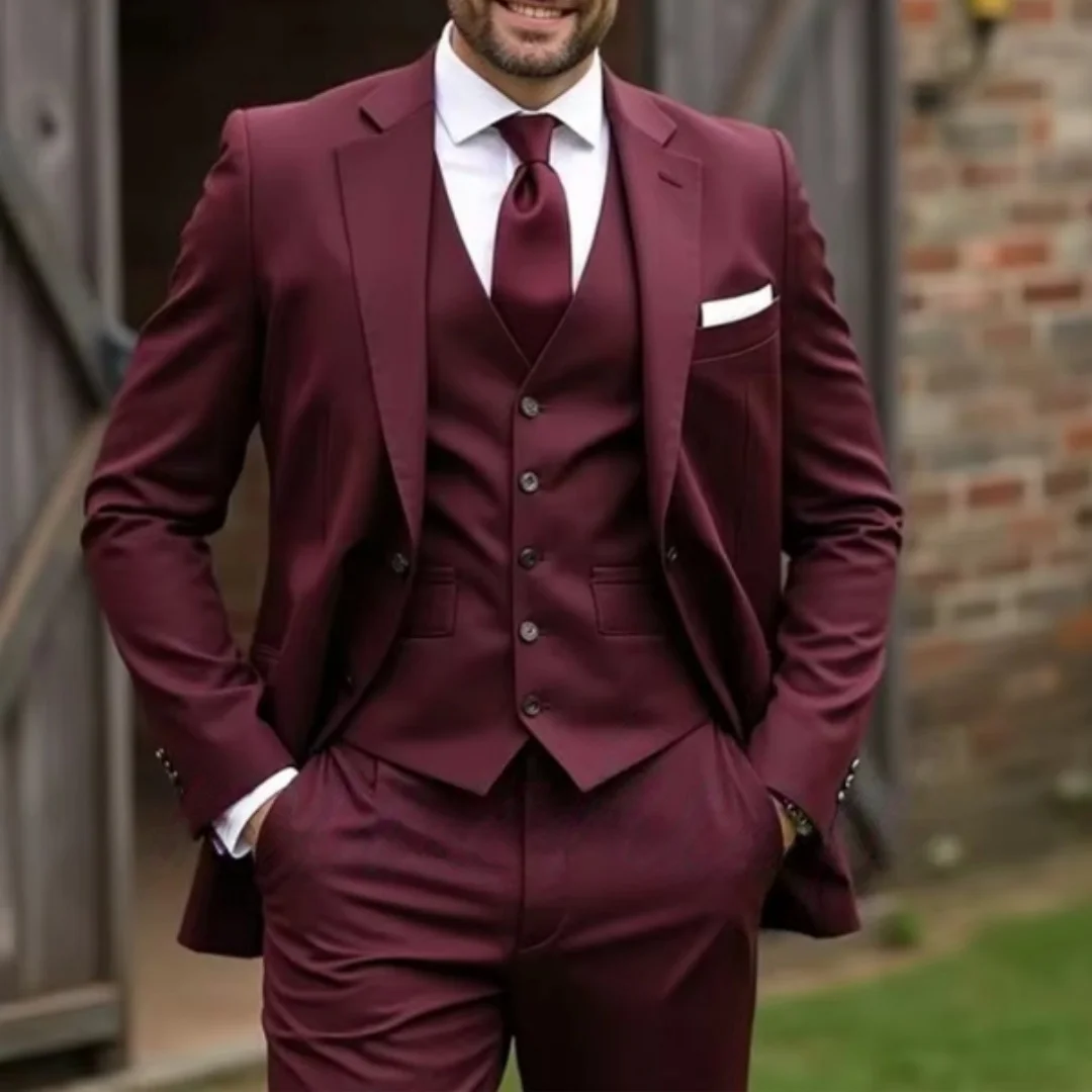 

Мужской костюм-тройка бордового цвета для свадьбы, деловых встреч, выпускного вечера, тонкий крой, на заказ, для жениха, пиджак, брюки, смокинг