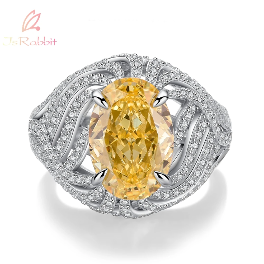 IsRabbit 18K Gold Plated 9*13MM Vivid Yellow Sapphire Diamond Cocktail Ring for Women Gift 100% 925 Sterling Silver Fine Jewelry