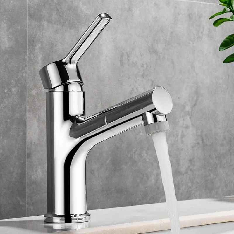 Bathroom Basin Sink Faucet Copper Single Hole Pull Out Sprayer 2 Mode Vessel Vanity Tap Deck Mounted Hot Cold Mixer Tap Crane