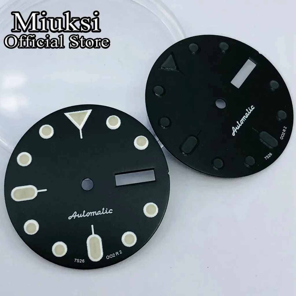 Miuksi 29mm black white watch dial green luminous sterile dial fit NH36 movement fit 3 o\'clock crown 3.8 o\'clock crown