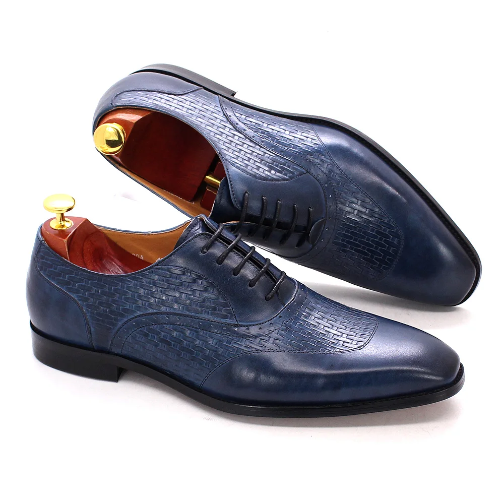 Luxury Genuine Leather Oxford Shoes Men Elegant Office Pointed Toe High Quality Black Blue Lace Up Mens Business Dress Shoes