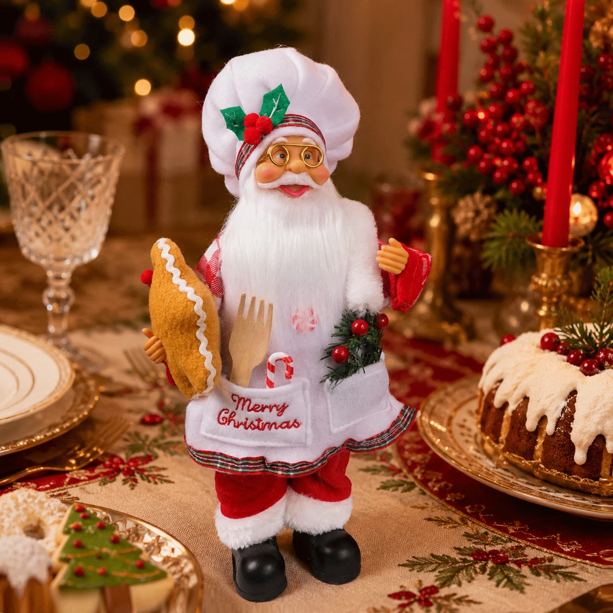 30cm Chef Santa Claus Figurine Christmas Decoration, Festive Santa Statue with Apron Hat and Gingerbread for Holiday Home Decor view 4