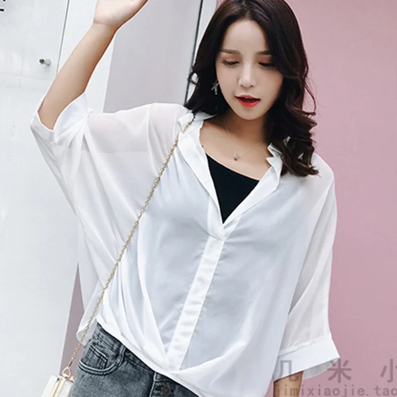 Casual Commuting Chiffon Shirt and Sling Vest Two-piece Set Women\'s Clothing Summer Bat Sleeve Slimming Trendy Loose Female Top